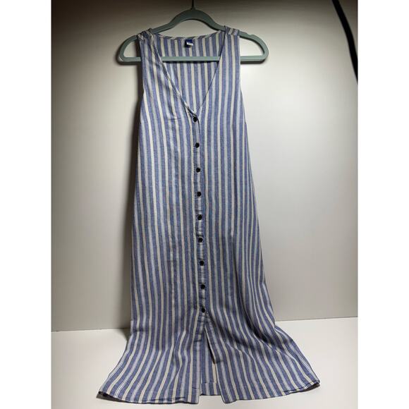 Old Navy Women’s Linen Dress Midi Button Up Blue Striped Sz L Pockets Coastal - Picture 6 of 7